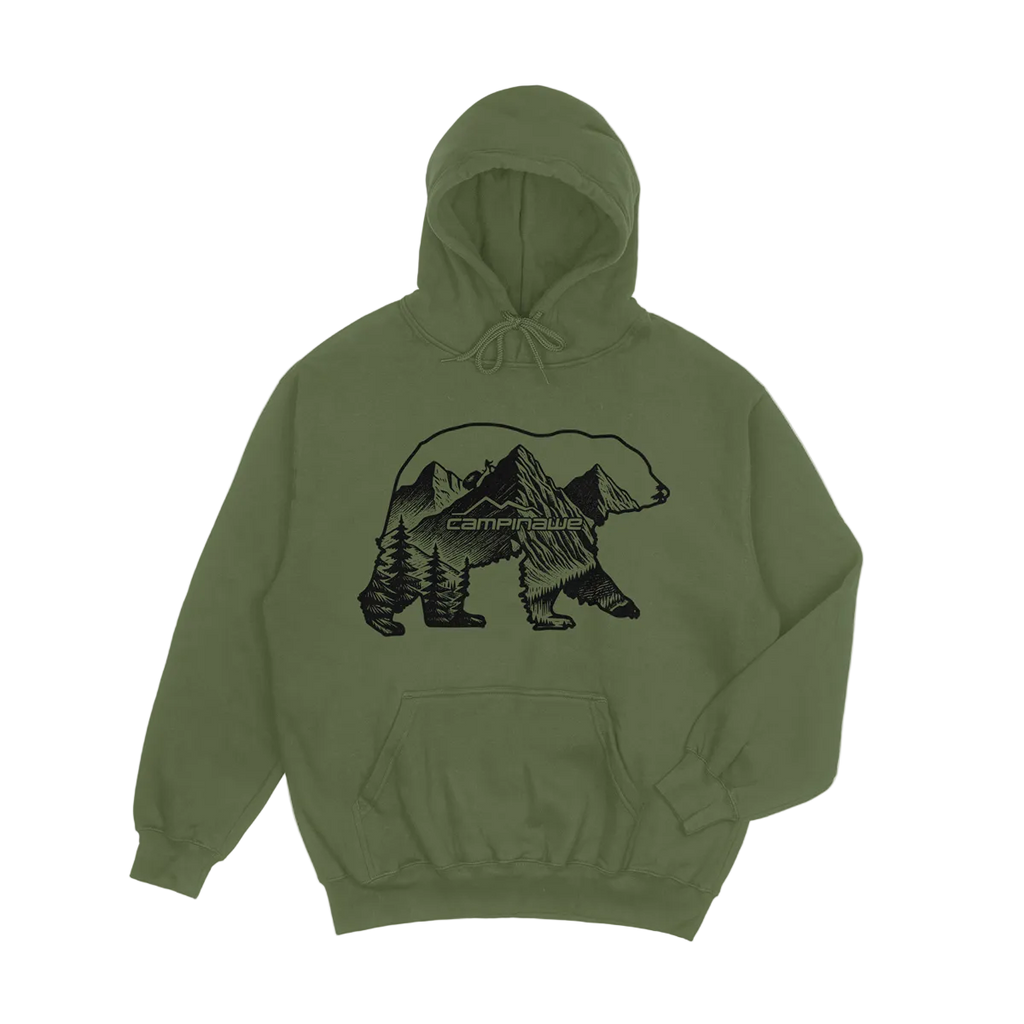 Green hoodie with bear and mountain graphic on a light gray background