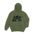 Green hoodie with bear and mountain graphic on a light gray background