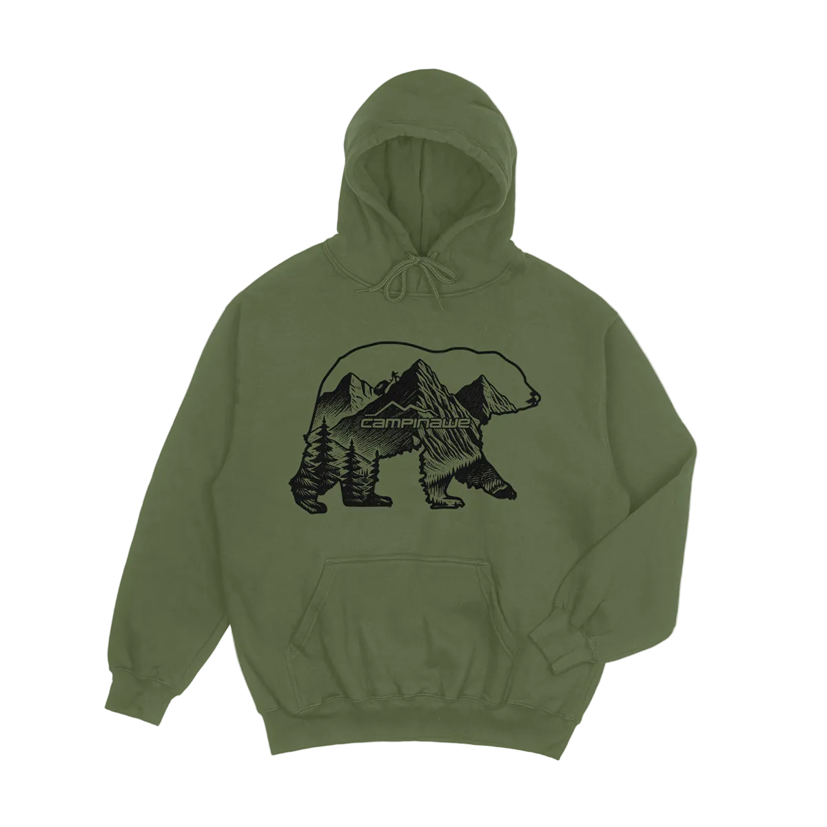 Green hoodie with bear and mountain graphic on a light gray background