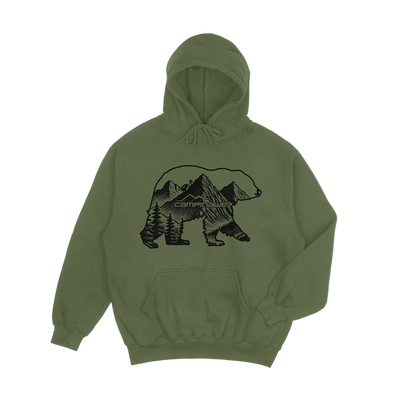 Green hoodie with bear and mountain graphic on a light gray background