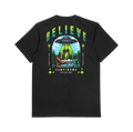 Black t-shirt with "BELIEVE" graphic featuring a UFO abducting a Campinawe Camper, bigfoot, and alien in a forest.
