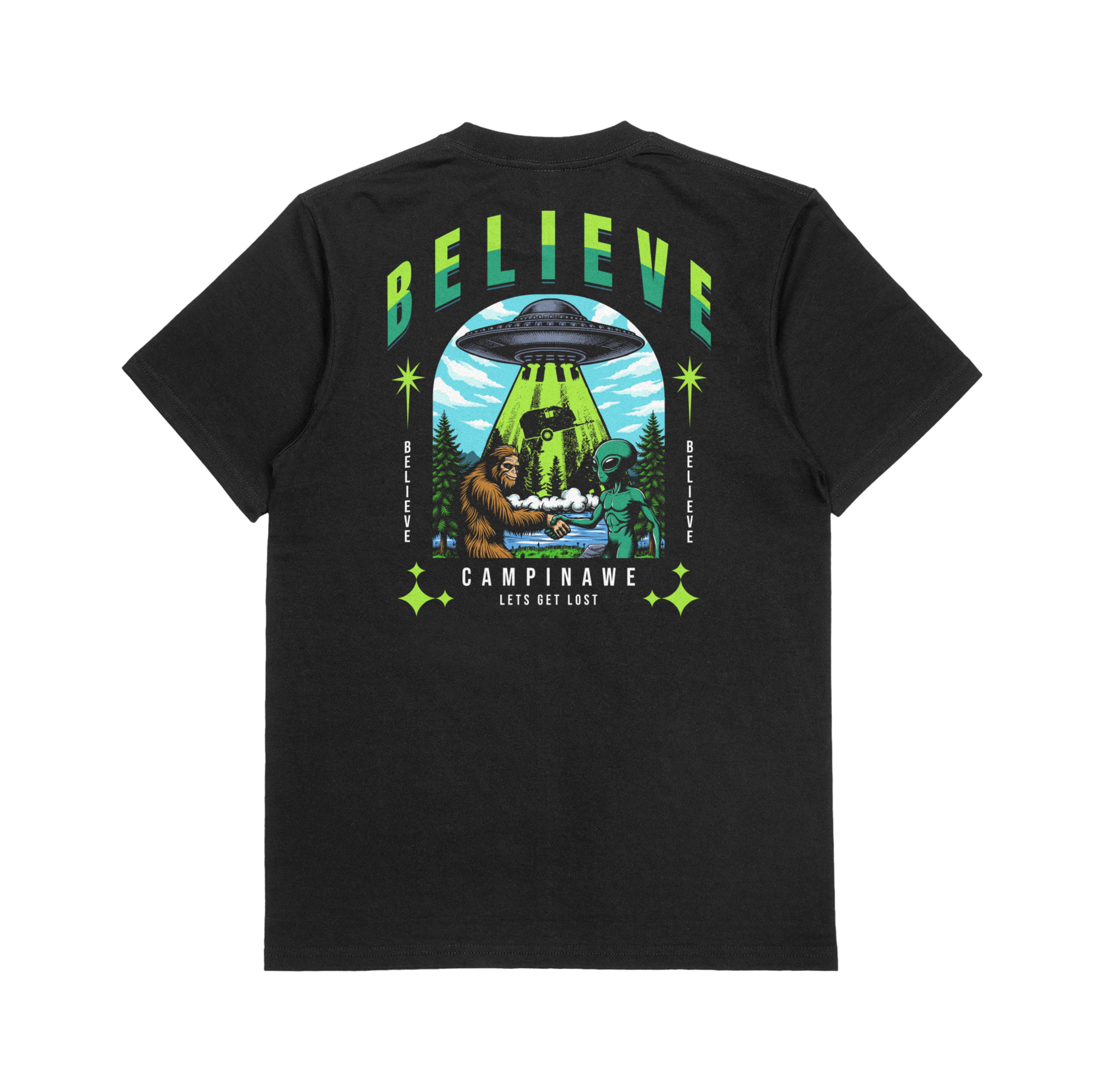 Black t-shirt with "BELIEVE" graphic featuring a UFO abducting a Campinawe Camper, bigfoot, and alien in a forest.