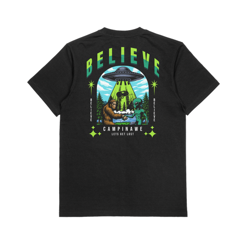 Black t-shirt with "BELIEVE" graphic featuring a UFO abducting a Campinawe Camper, bigfoot, and alien in a forest.