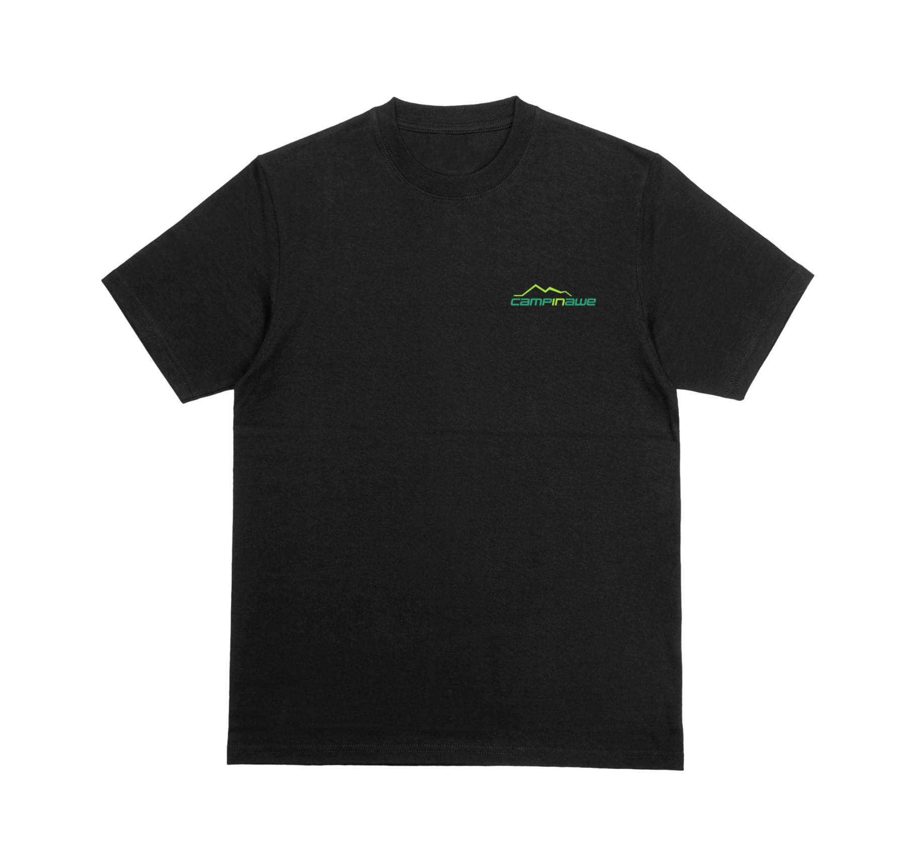 Black t-shirt with a Campinawe logo on the chest.