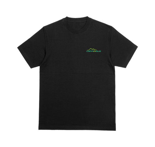Black t-shirt with a Campinawe logo on the chest.