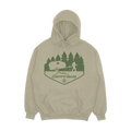 Beige bigfoot hoodie with green graphic design on a light gray background
