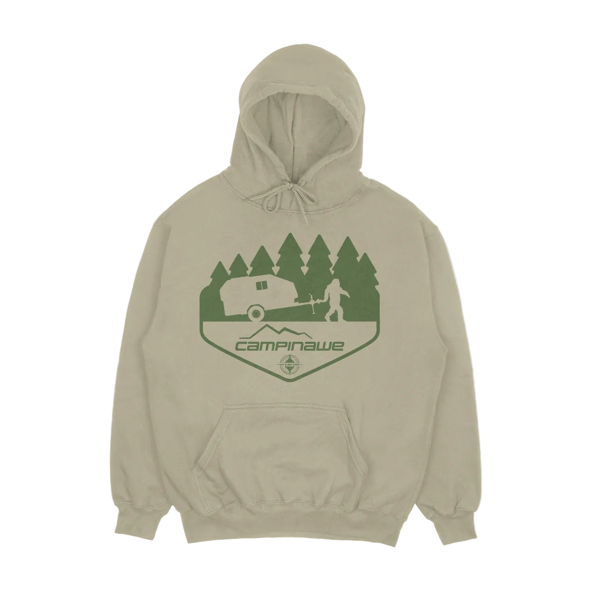 Beige bigfoot hoodie with green graphic design on a light gray background