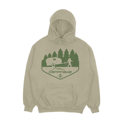 Beige bigfoot hoodie with green graphic design on a light gray background
