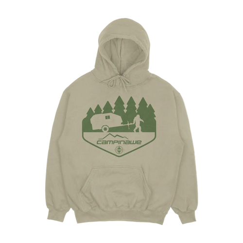 Beige bigfoot hoodie with green graphic design on a light gray background