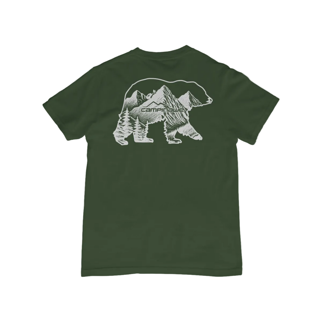 Green t-shirt with bear and mountain graphic on a white background