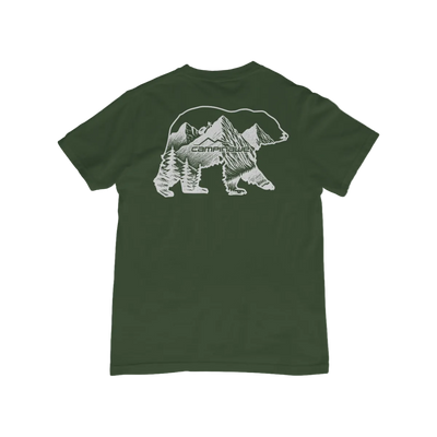 Green t-shirt with bear and mountain graphic on a white background